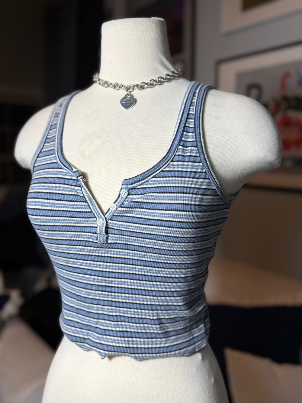 Y2K Brandy Melville Blue and White Ribbed Striped Henley Tank